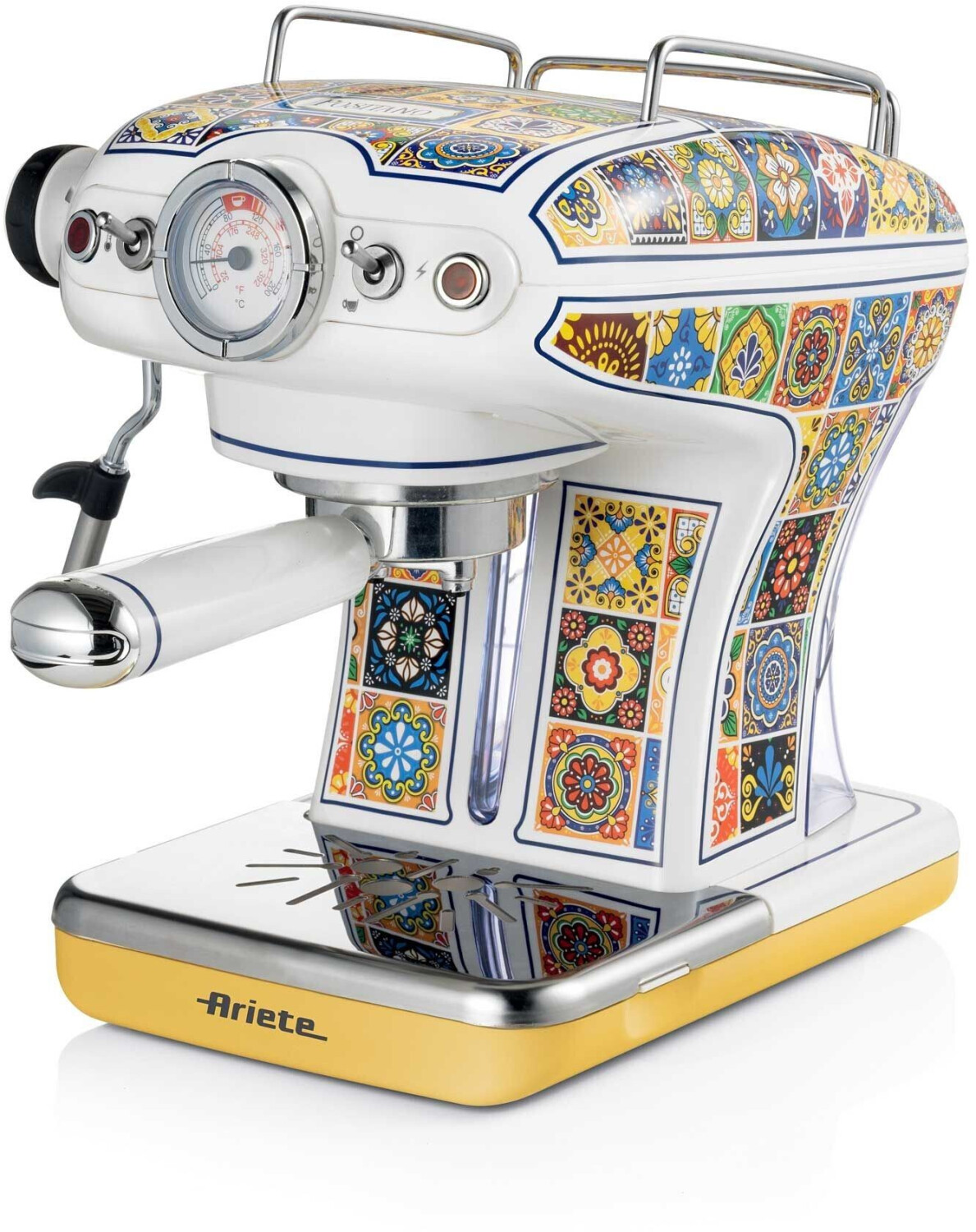 اسپرسو ساز برقی موکاپات آریته ایتالیا مدل Ariete Positano 1389/1P | رنگ سفید با نقوش سنتی مدیترانه‌ای | مناسب ۴ فنجان